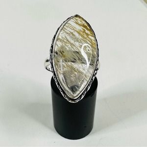 Agate dendritic gemstone ring stamped 925 silver plated size 9 handmade